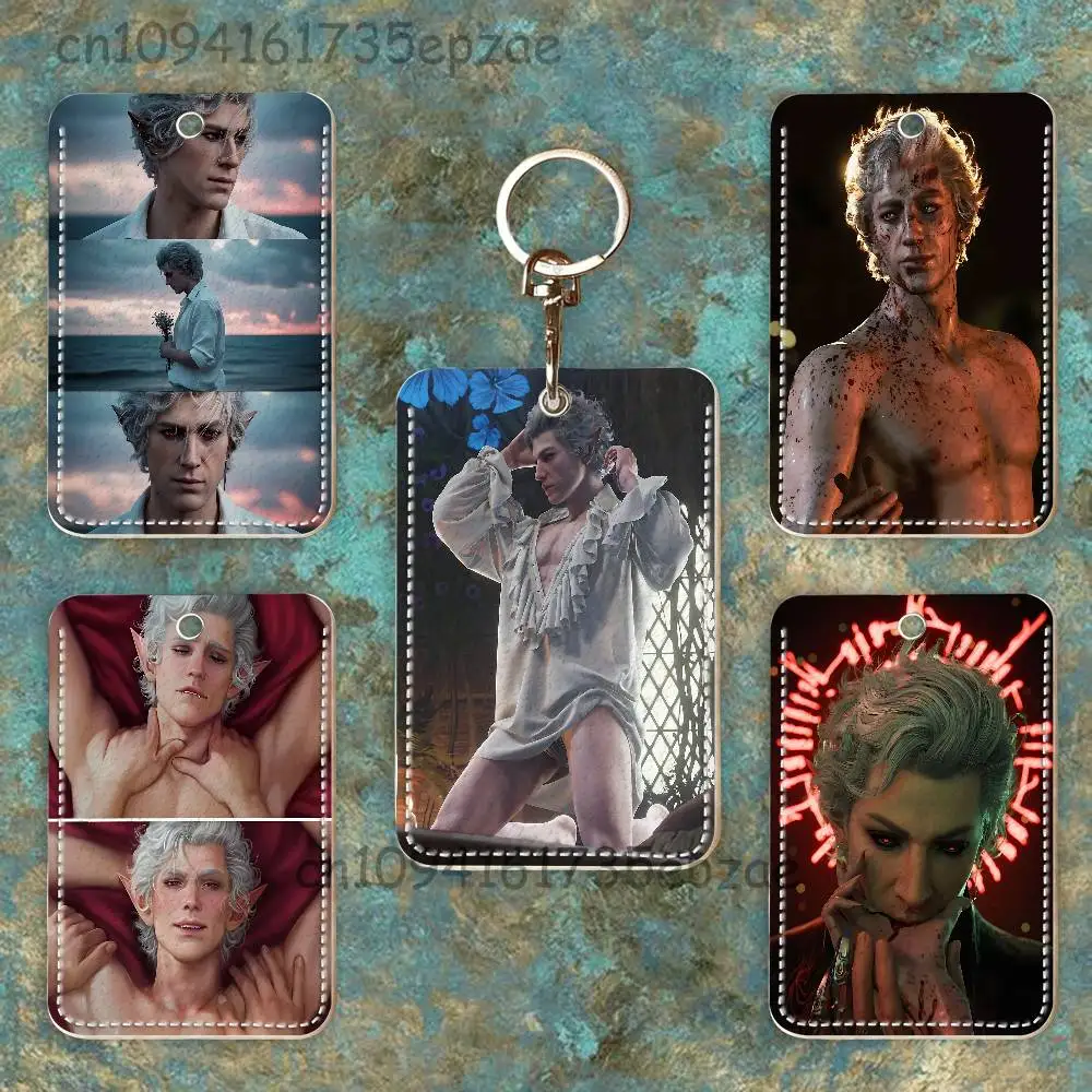 A-Astarion B-Baldurs G-Gate Rectangle Card Case Keychain Access Card Bag Key Tag Ring Leather Card Holder Key Ring Access