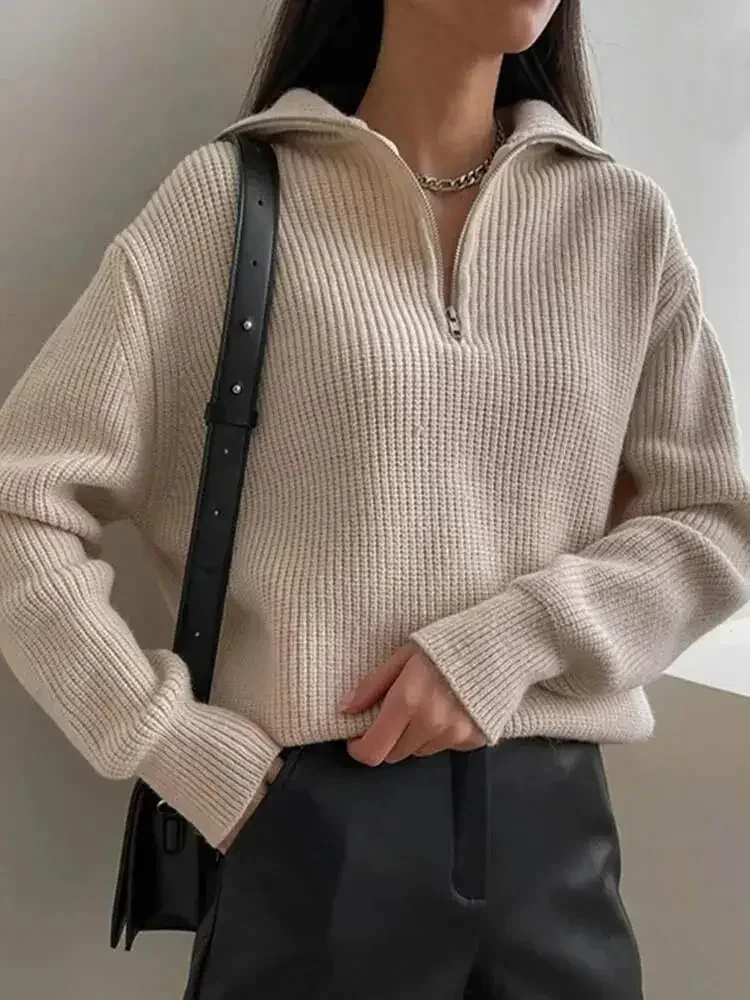 Sweater rajut wanita, Turtleneck ritsleting mode wanita Sweater Solid longgar Pullover lengan panjang kasual Sweater rajut wanita musim dingin 2025