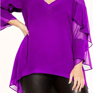 Schichten von weiblichen Faltenhülsen, großer Bluse, lässige schwarze Bluse von Frauen, Bürodame, Linie A, Frühling, Herbst, Ausschnitt V, neue Mode 10 Hauptverkäufe Black Plus Size Bluse - №4
