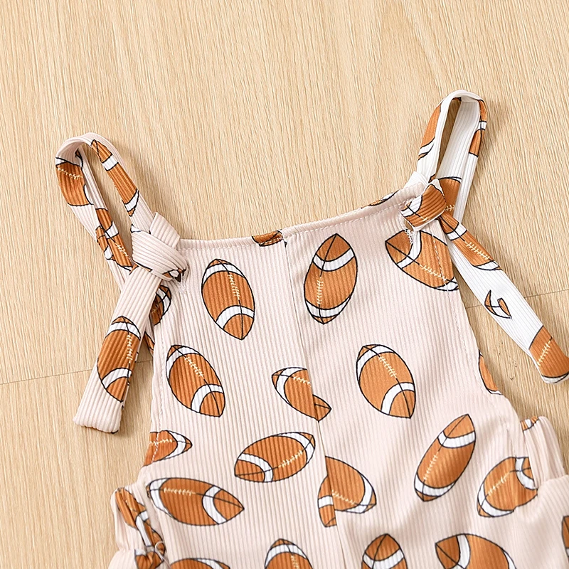 민소매 백리스 축구 프린트 롬퍼, 아기 소녀 스트랩 점프수트, 벨 하의