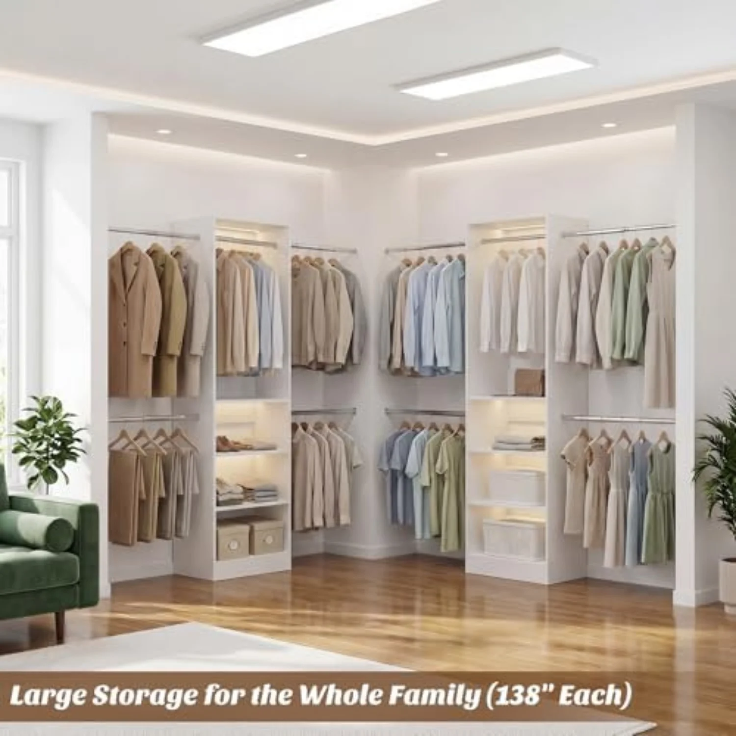 12FT Large Open Closet System, 138'' Wall-Mounted Closet Shelving with 5 Hanging Rods and 6 Shelves, Customizable