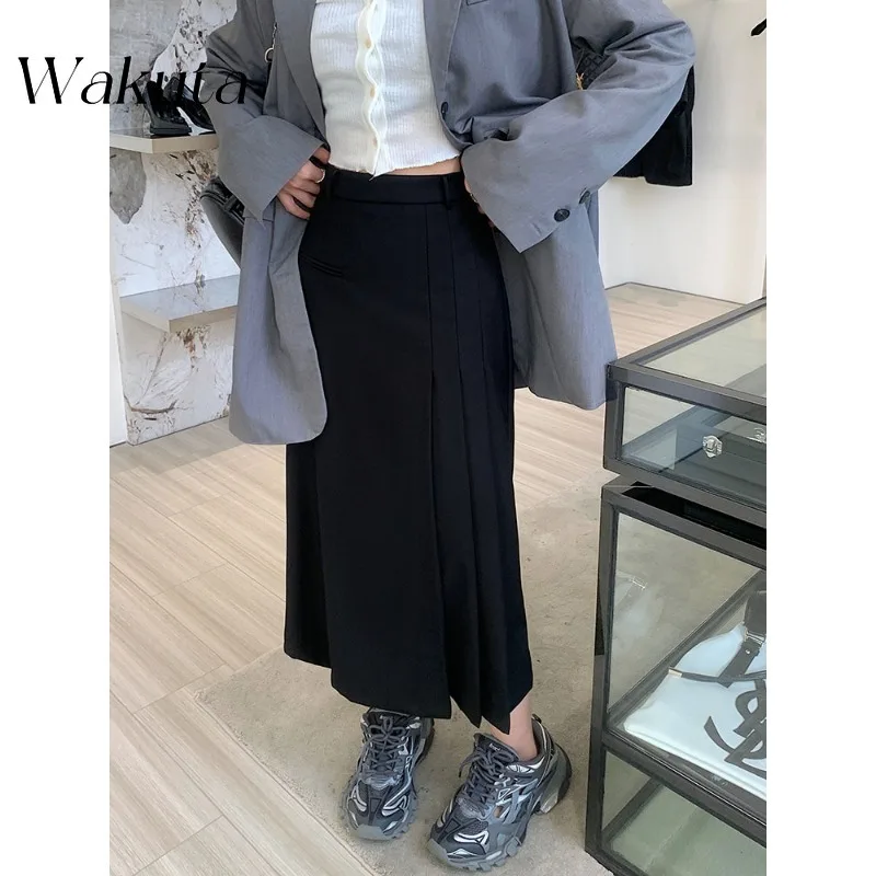 WAKUTA Ladies Blazer Skirts Pleated High Waist Solid Color Long Skirt Korean 2024 New Autumn Vintage A-line Females Faldas Mujer