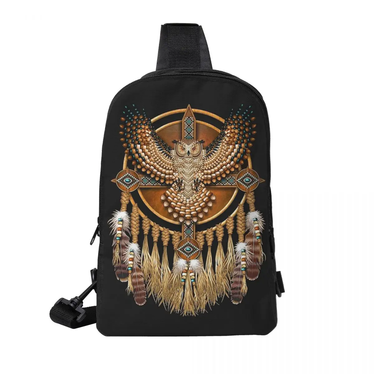 

Native American Beadwork Owl Mandala Chest Bag Men Sling Crossbody Backpack Chest Bag Traveling Hiking Daypack Shoulder Bag