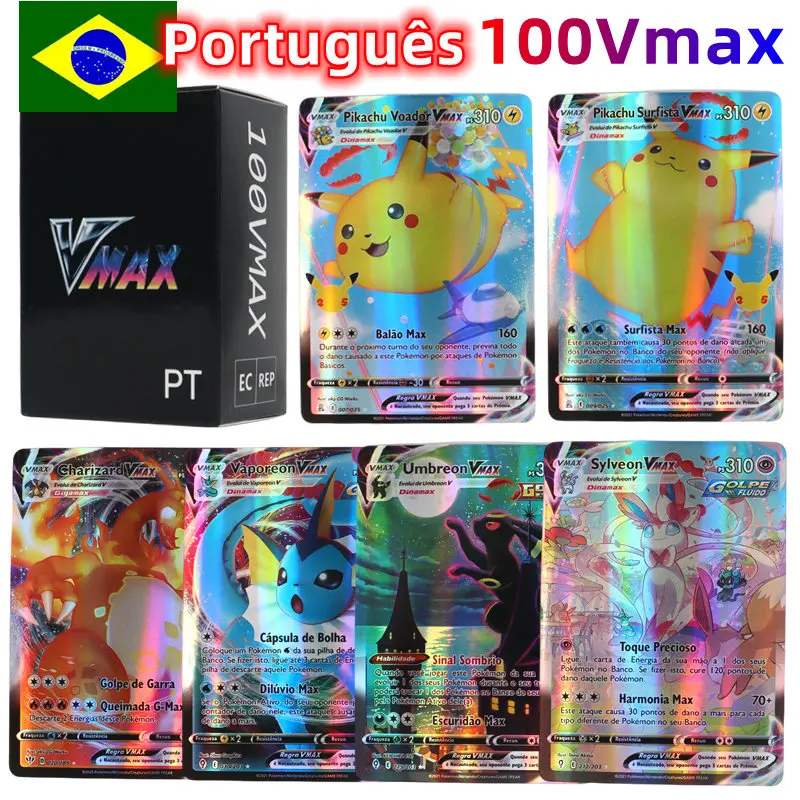 100Pcs Portuguese Pokemon Cards Holographic Vstar Vmax GX Letter with Rainbow Arceus Shiny Charizard trade card children toys