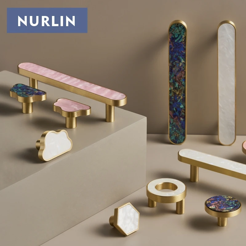 Nurlin Brass Colorful Round White Pink Shell Color Cabinet Wardrobe Furniture Knobs Long Series Handles