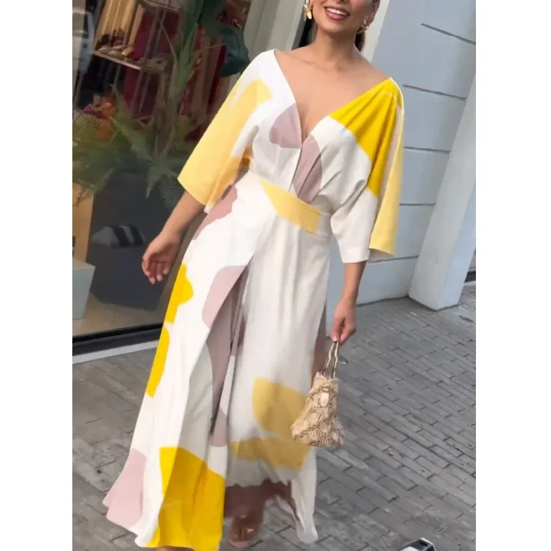 Abito da donna a vita alta con scollo a V Abaya a maniche corte sexy senza schienale per donna Abito lungo estivo con stampa floreale Boho Chic Abito elegante