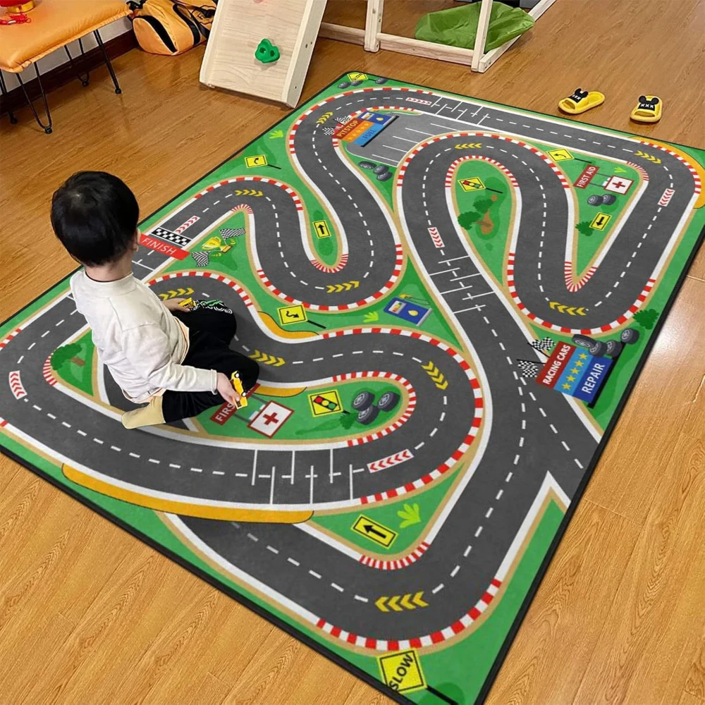 Tapis de jeu pour enfants avec circuit de course complexe, tapis de jeu multi-boucles pour voitures, tapis éducatif pour la circulation pour salle de jeux d'enfants, décoration de maison tendance