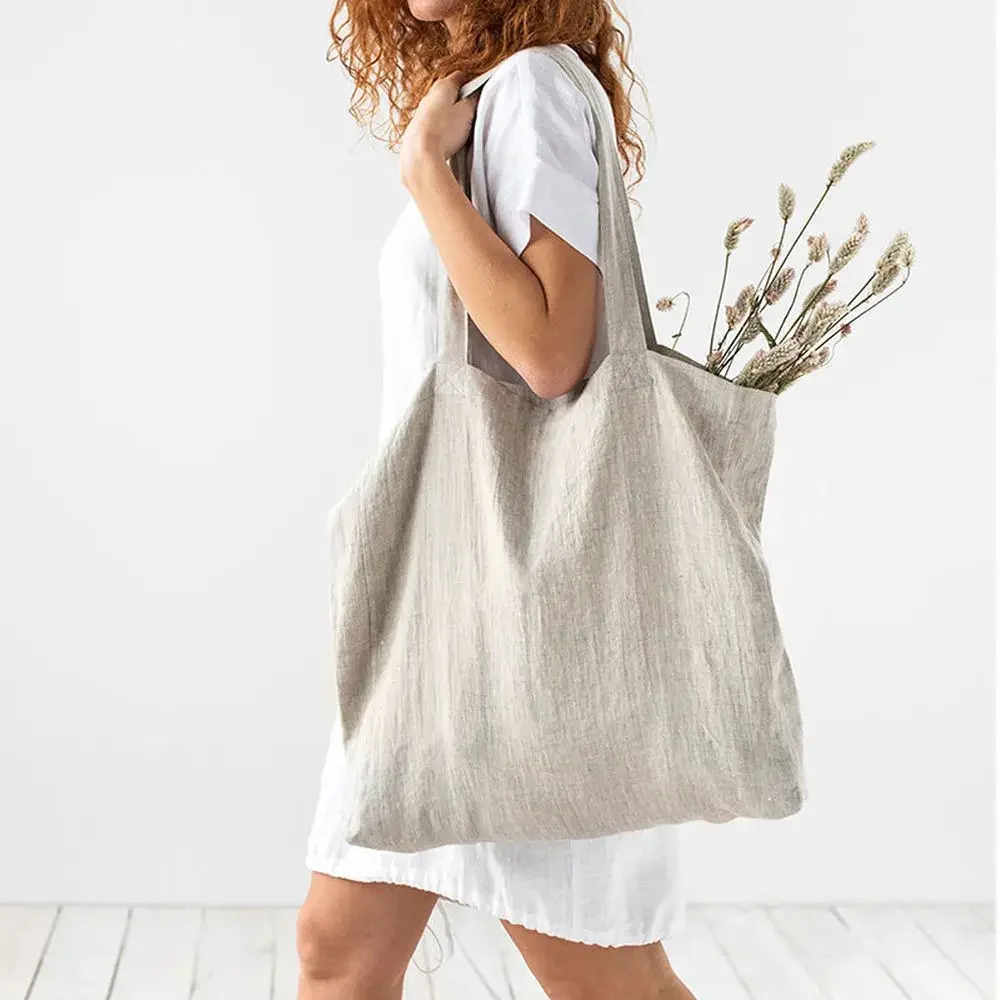 French Dew Retting Linen 100% Pure Hemp Supermarket Environmental Cloth Bag Carrier Foldable Portable Shopping Bag Women