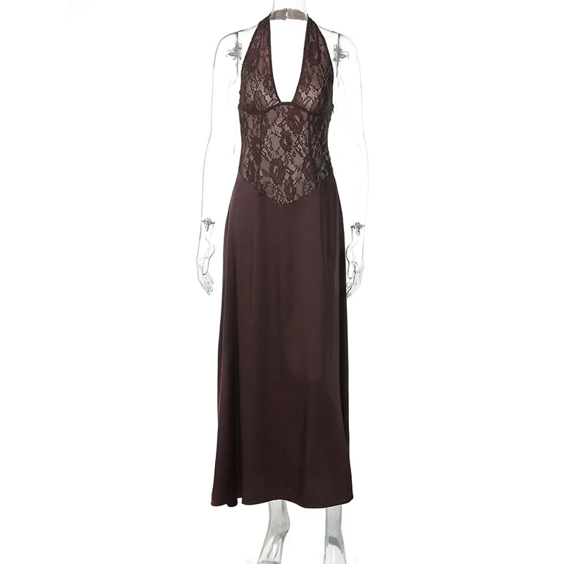 Lace Splice Halter Sexy Long Dress For Women Hollow Backless Plunge Slim Dress Fashion 2026 Summer Lady Vacation Dress