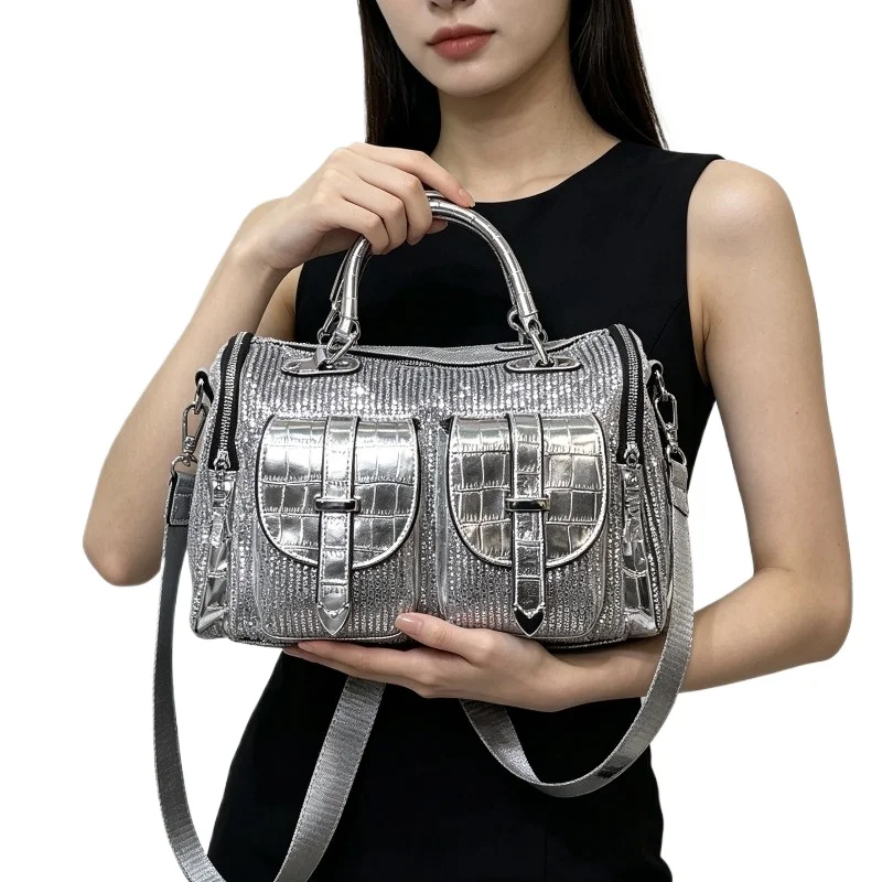 Women's Silver Sequin Crossbody Bag Y2K Large Capacity Top Handle Convertible Adjustable Strap Street Party Daily