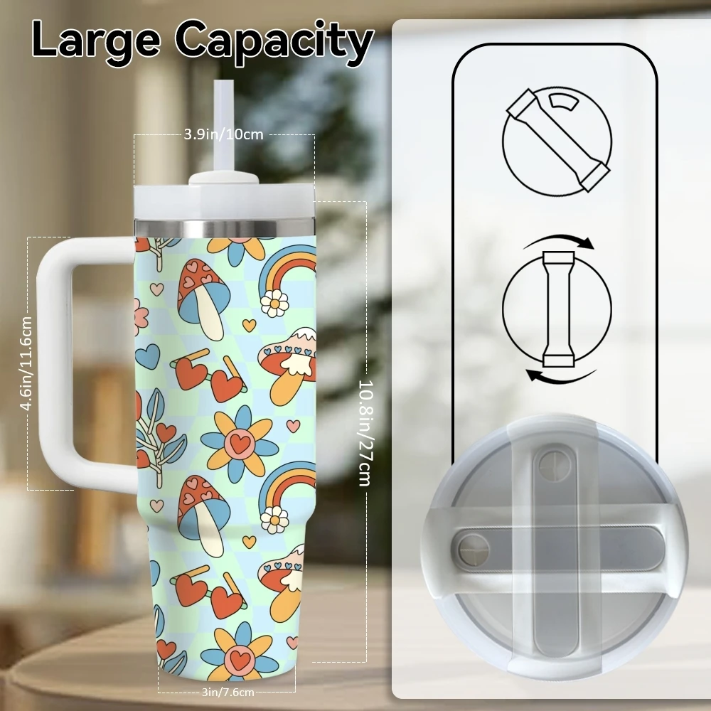 Colorful Groovy Mushroom Vacuum Flasks 40oz Stainless Steel Vacuum Insulated Tumbler with Straw Leak Resistant Travel Mug