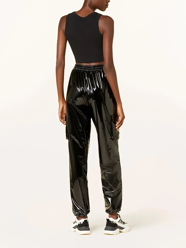 Women's Shiny Patent Leather Cargo Pants High Waist Jogger Trousers Loose Fit PVC Leather Streetwear Clubwear Casual Daily