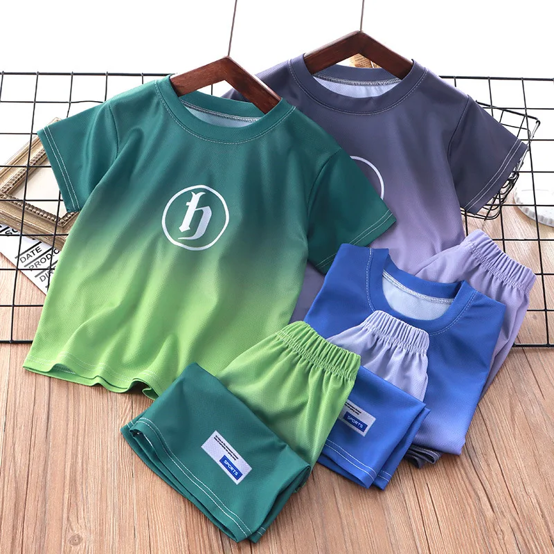 Children Clothes Summer Sports Short-sleeved Suit Boys Summer New Kids Boys Clothes Gradient T-shirt+shorts Two-piece Sportswear