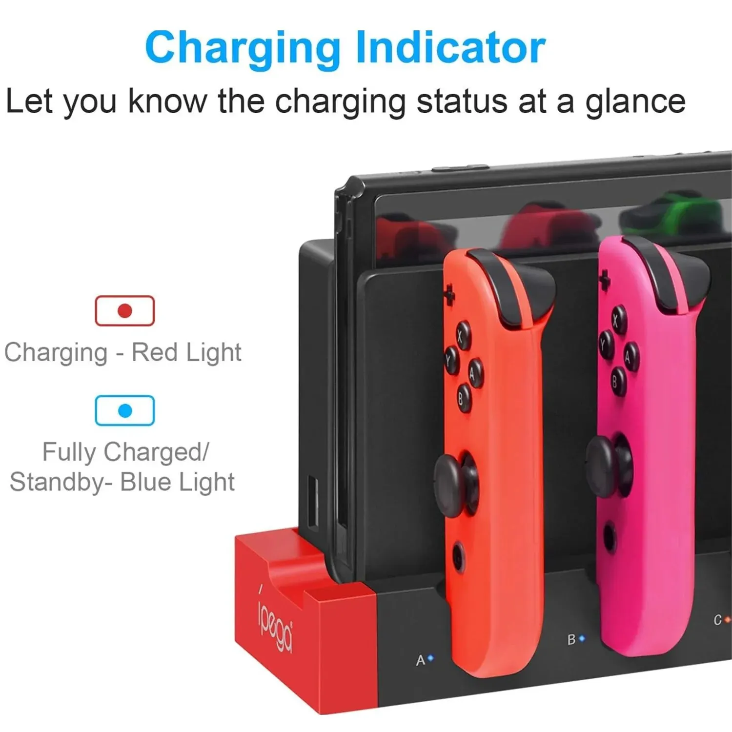 IPEGA PG-9186 Joycon Charging Dock Station for Switch&OLED - Charges Up To 4 Controllers, Compatible with Switch and OLED Model