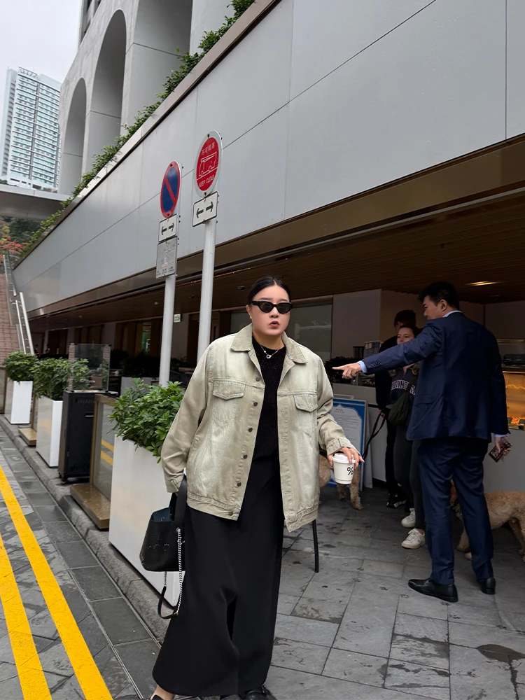 

Винтажная джинсовая куртка большого размера для женщин, с высокой талией, свободного кроя, с длинными рукавами, повседневная верхняя одежда в стиле Pencil XiaoXin для поездок на работу