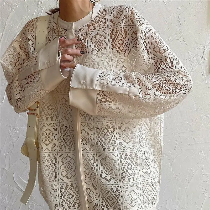 

Japanese Style Long Sleeve Lace Cut out Shirt Women's Fashion Versatile Loose Fit round Neck Pure Color Polyester Blend