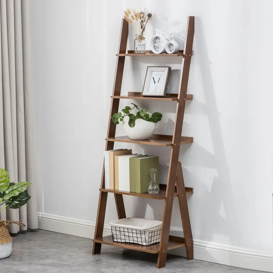 

Bamboo Ladder Shelf Bookcase, 5Tier Leaning Bookshelf Free Standing Organizer Storage Shelves for Living Room, Bedroom, Kitchen