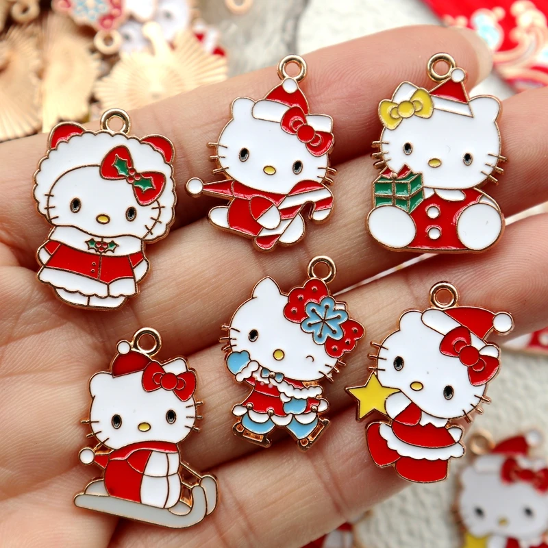 10PCS Christmas New Year Celebration Hello Kitty Alloy Pendant Cute Metal Charm DIY Necklace Bracelet Earings Keychain Accessory