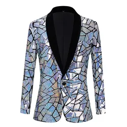 Men's Luxury Laser Sequin Blazer Jacket Shawl Lapel One Button Shiny Groom Wedding Party Suit Tuxedo Nightclub Host Mirror Coat