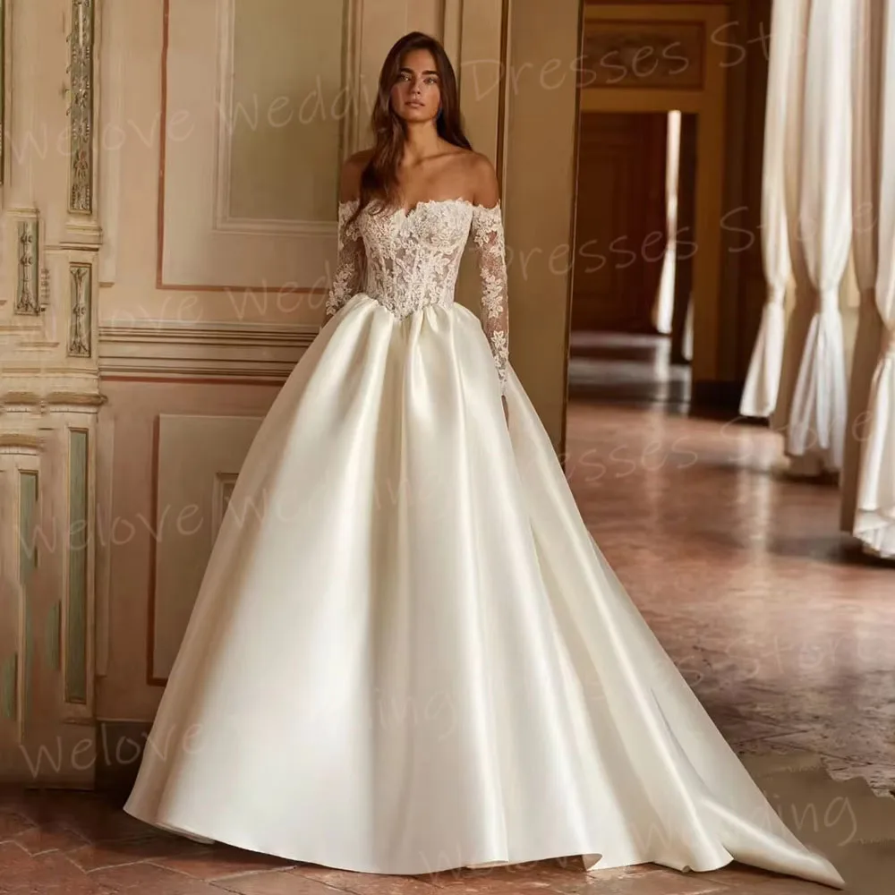 Elegante A-Linie-Brautkleider für Damen mit schulterfreiem Schnitt und Spitzenapplikationen, Robe De Mariée, maßgeschneiderte Brautkleider, Vestido De Novia