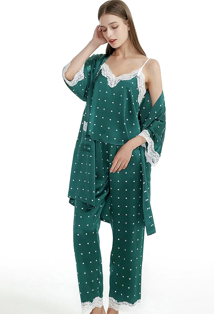 19 مللي متر 100% التوت الحرير 3 قطعة كيمونو رداء و أكمام بيجامة مجموعة نقطة بروتيل بلوزات وبنطلون بيجامة مع سترة الحمام