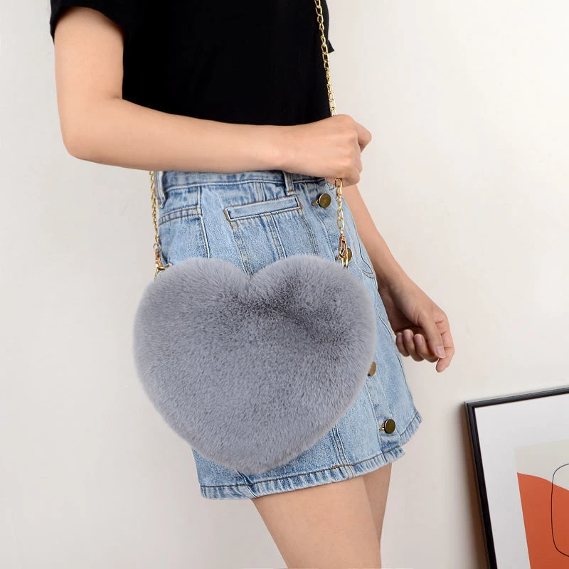 Mode frauen Herzförmige Handtaschen Nette Kawaii Faux Pelz Umhängetaschen Geldbörse Plüsch Kette Schulter Tasche Dame Handtasche – Detail 7