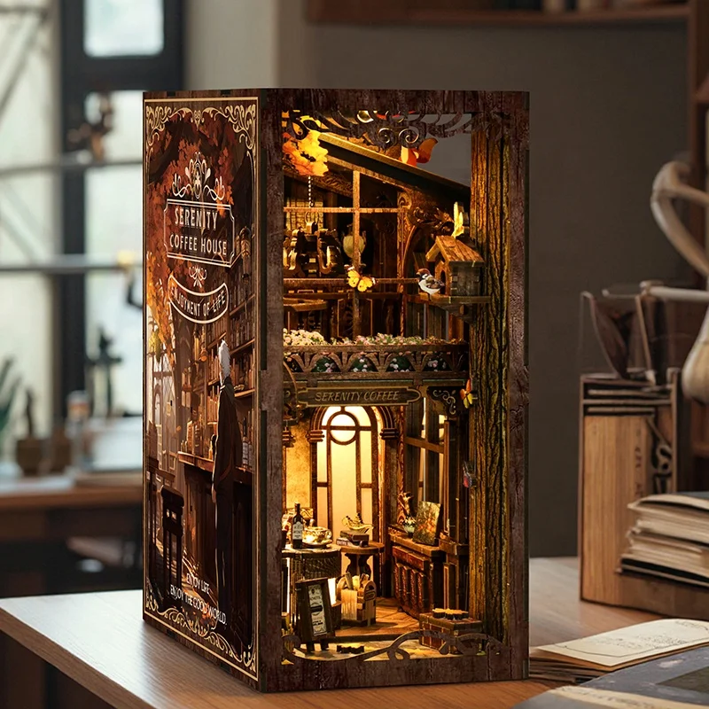 DIY Wooden Book Nook Serenity Coffee House Figurines Miniatures Bookend Handmade Bookshelf for Friends Gifts Home Decor Crafts