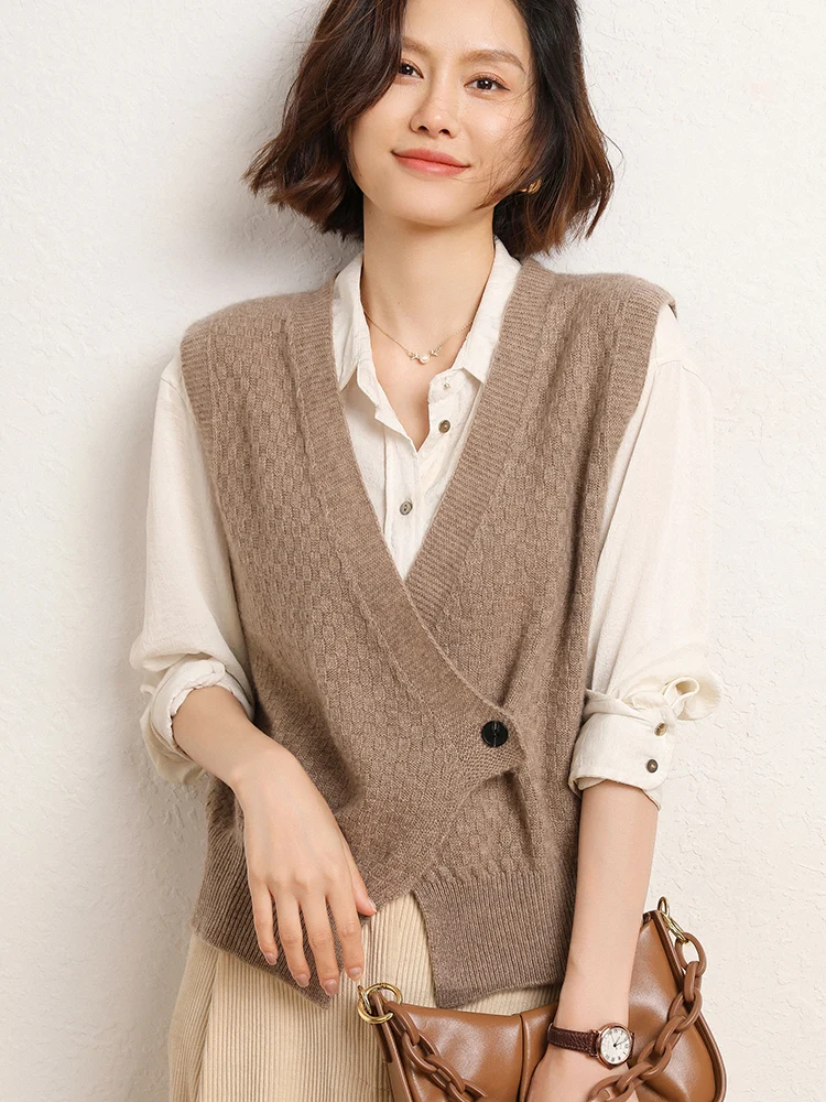 Spring New Women's Sleeveless Cardigan 100% Merino Wool Sweater V-neck Solid Casual Waistcoat Knitwear Korean Popular Clothing