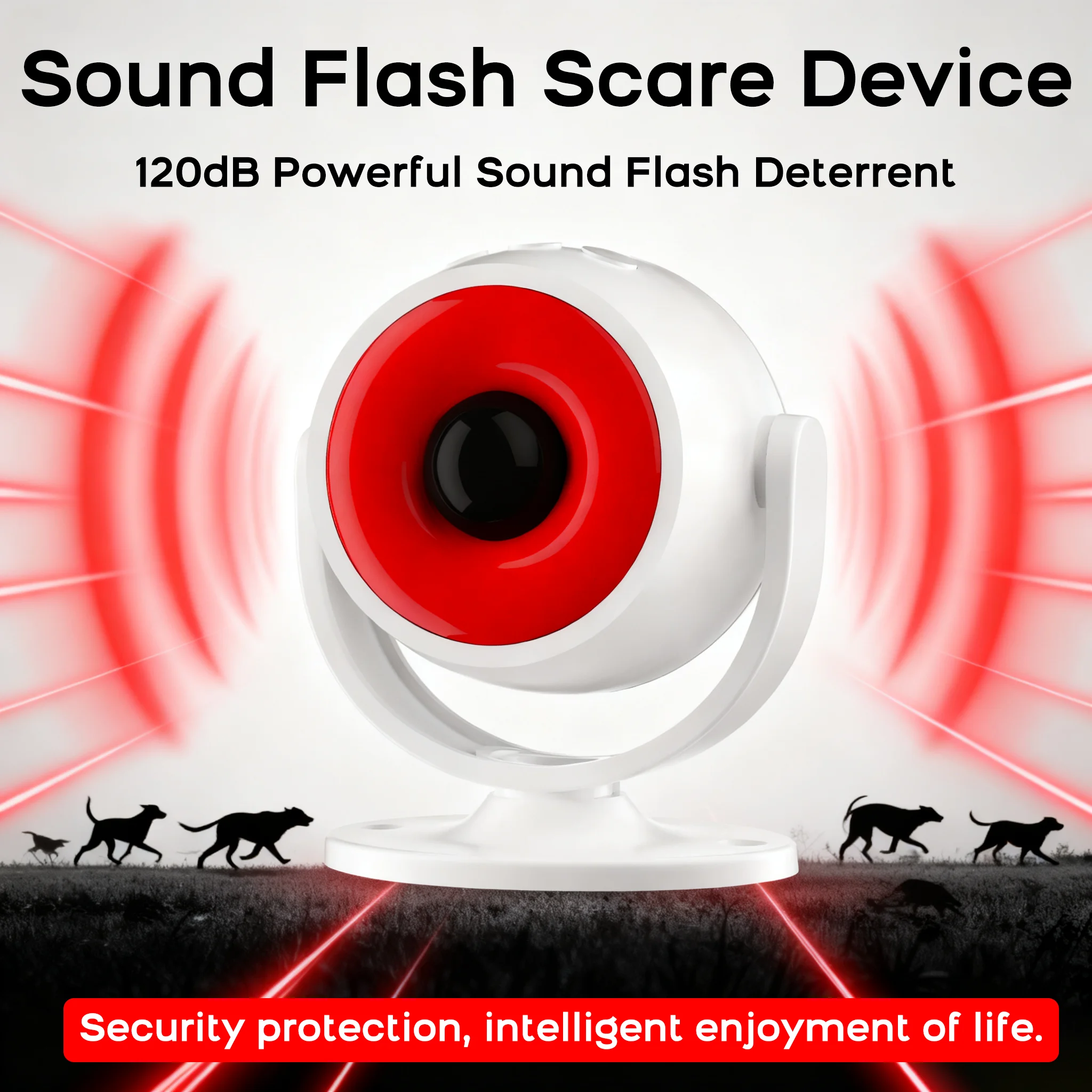 

Wireless PIR Motion Sensor Animal Repeller Alarm with Flash Light and Siren Security Alert for Home Garage Farm Garden Outdoor