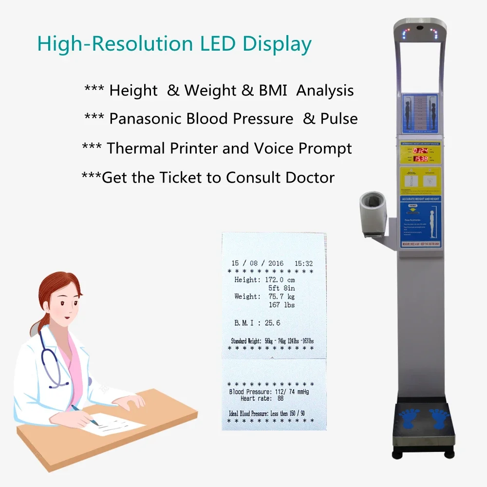 Medical and Personal coin operated weight and height scale with printer and blood pressure machine