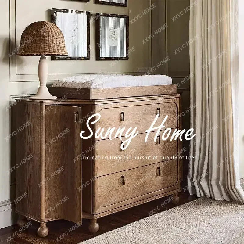 AAMedieval simple solid wood living room locker, French retro model room against the wall chest bedroom storage cabinet
