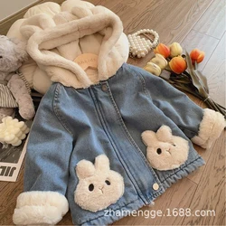 Winter New Girls Denim Jacket Cartoon Rabbit Pattern Patchwork Lining Lamb Wool Thick Hooded Coats For 2-8Y Kids Warm Outerwear