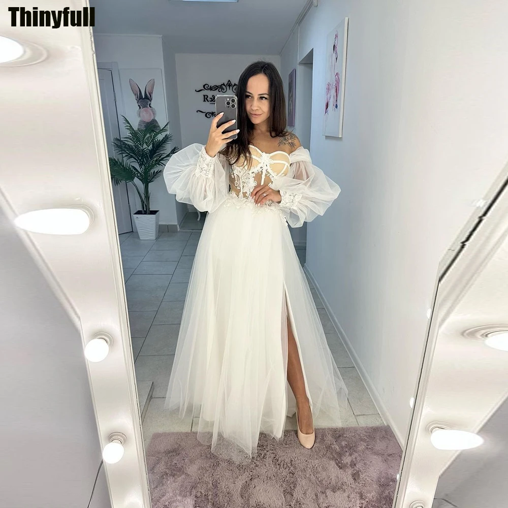 

Thinyfull A-line Boho Wedding Dresses Sweetheart Tulle Appliques Bride Gowns Long Puffy Sleeves Off Shoulder Split Bridal Dress