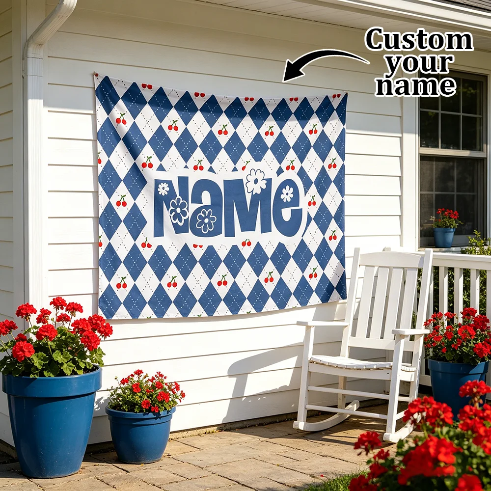 1PC Personalized Blue White Argyle Cherry Letter Name Tapestry Custom Cute Alphabet Wall Hanging Kids Nursery Bedroom Decor