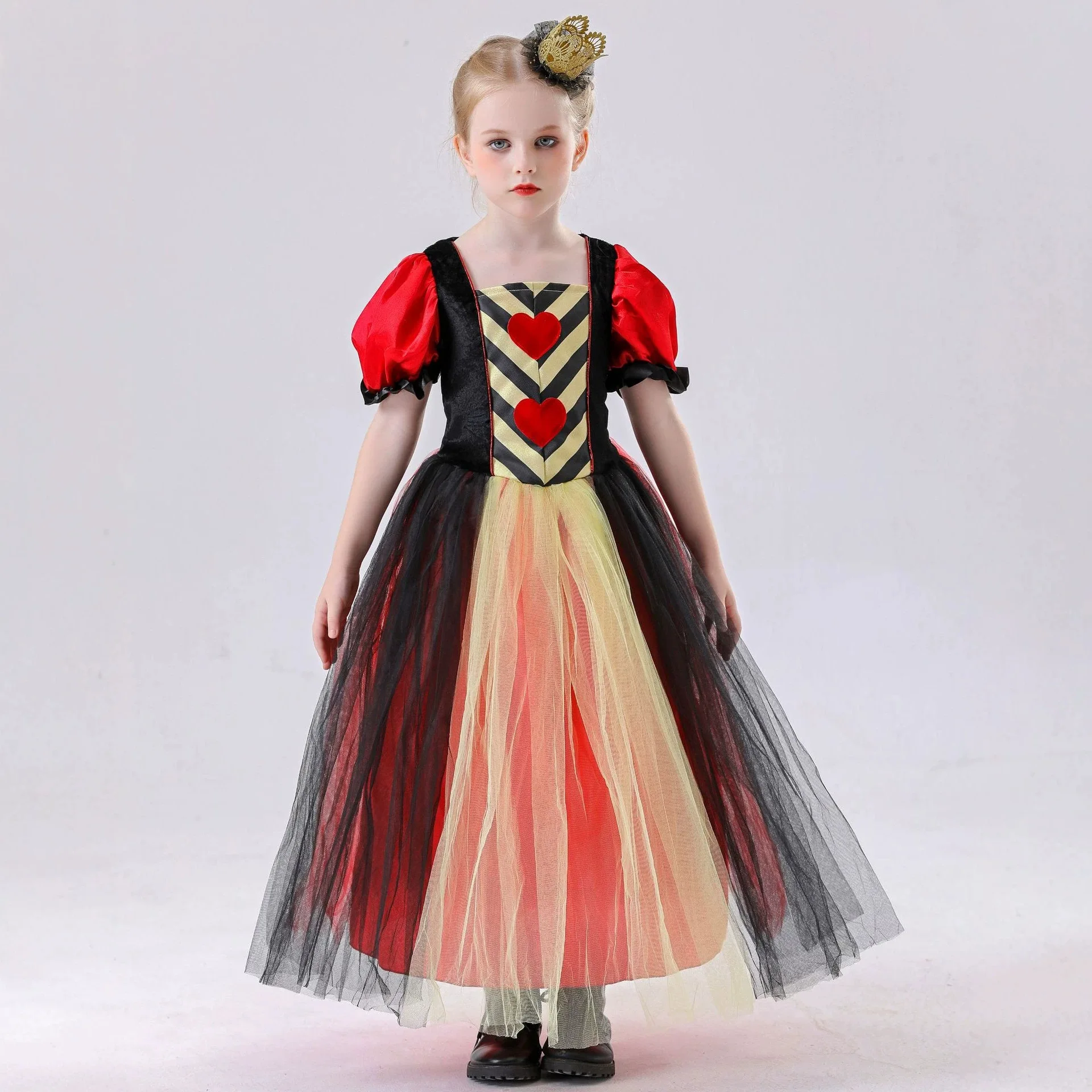 

Red Queen of Hearts Long Costumes for Girls Princess's Dress Halloween Puff Sleeves Mesh Yarn Tutu Dress Carnival Party Outfit