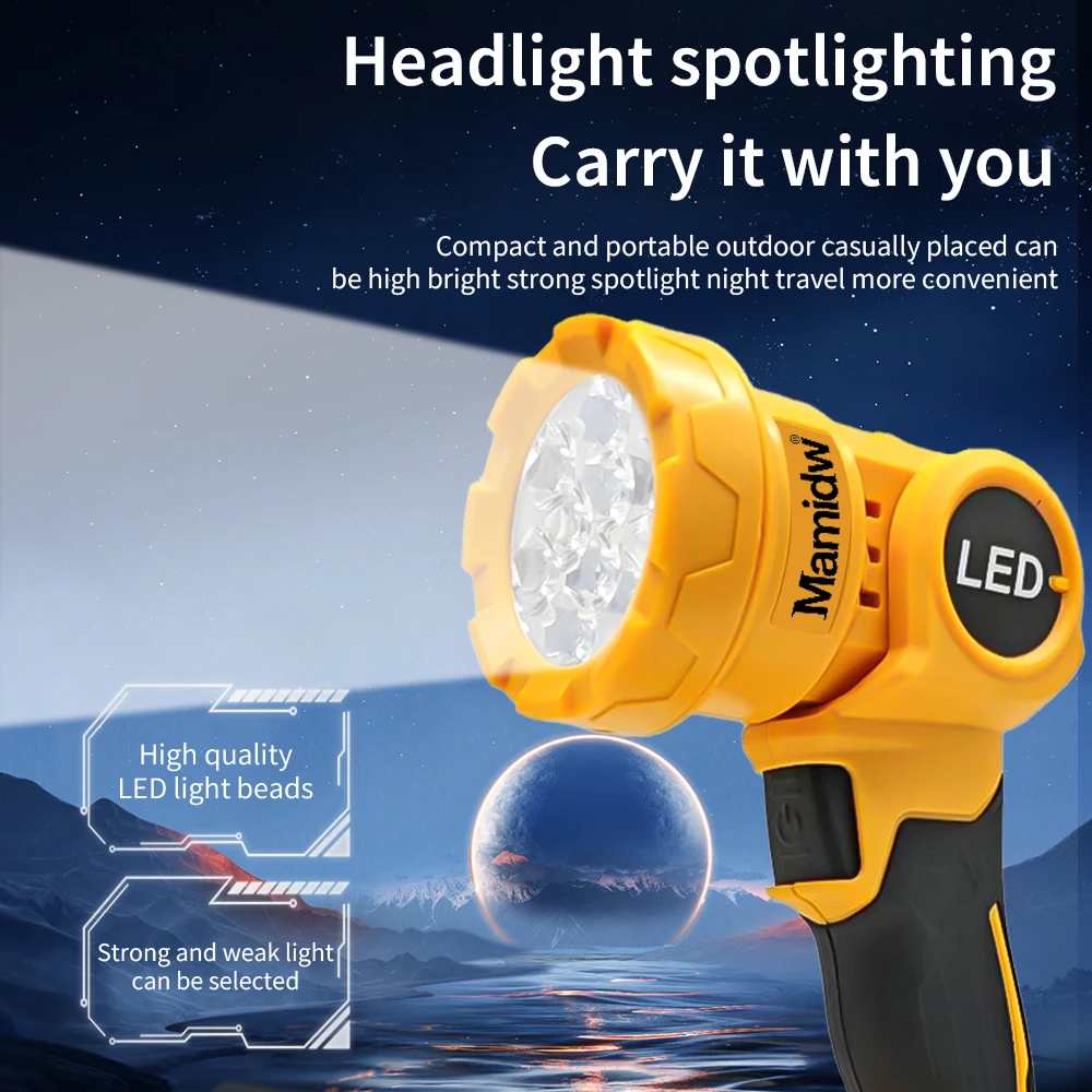 Cordless LED Work Light, 9-LED Beads Flashlight with Rotatable Lamp Head, High & Low 2-Brightness Modes, Portable Handheld Inspection Light Compatible with DeWalt 20V Max Battery for Auto Repair