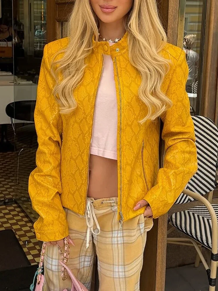 Women's Chic Snake Pattern Cropped Coat Trendy Stand Collar Faux Fur Leather Short Jacket 2026 Autumn NEW High Street Outfit