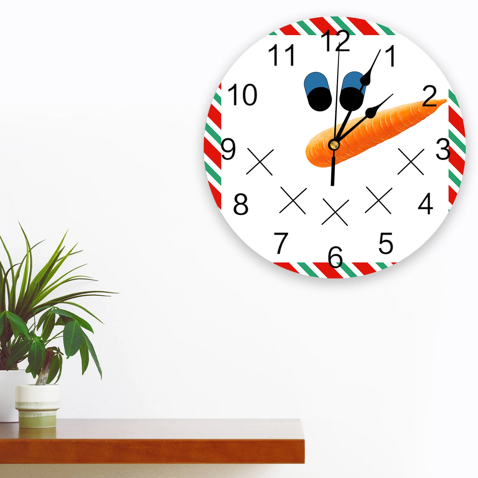 Christmas Snowman Stripe Border Round Wall Clocks Desktop Digital Clock Non-ticking Creative Childrens Room Wall Watch