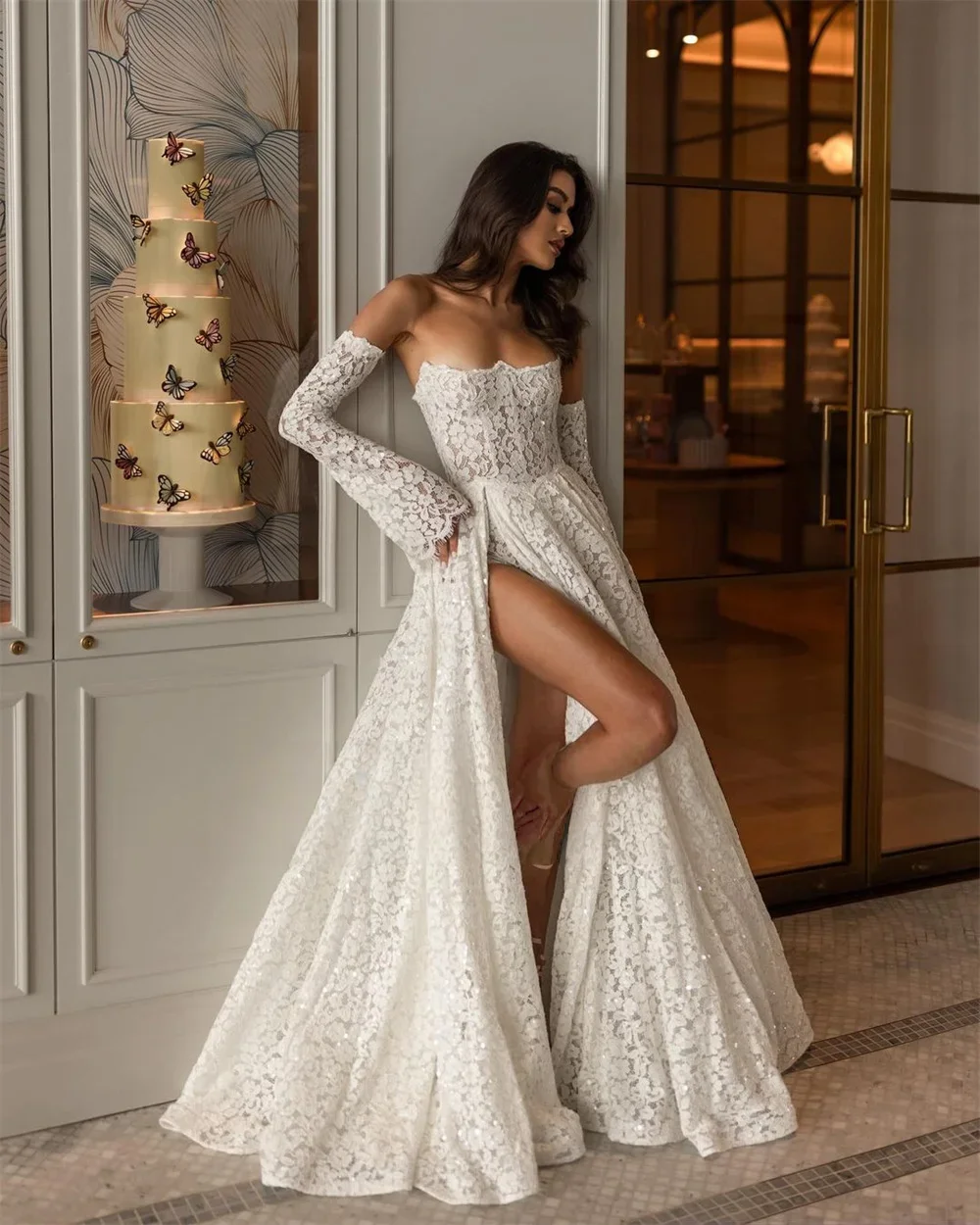 Onelife A Line Lace Appliques Wedding Dress Detachable Long Sleeves Slit Vestidos De Novia Floor Length Customized Robe Mariée
