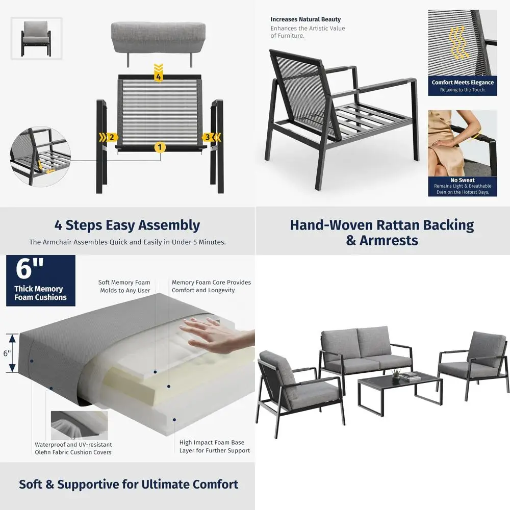 

Комплект садовой мебели из 4 предметов с толстыми подушками, водонепроницаемый комплект для патио на 4 места с подлокотниками из ротанга, диваном-софа и кофейным столиком.