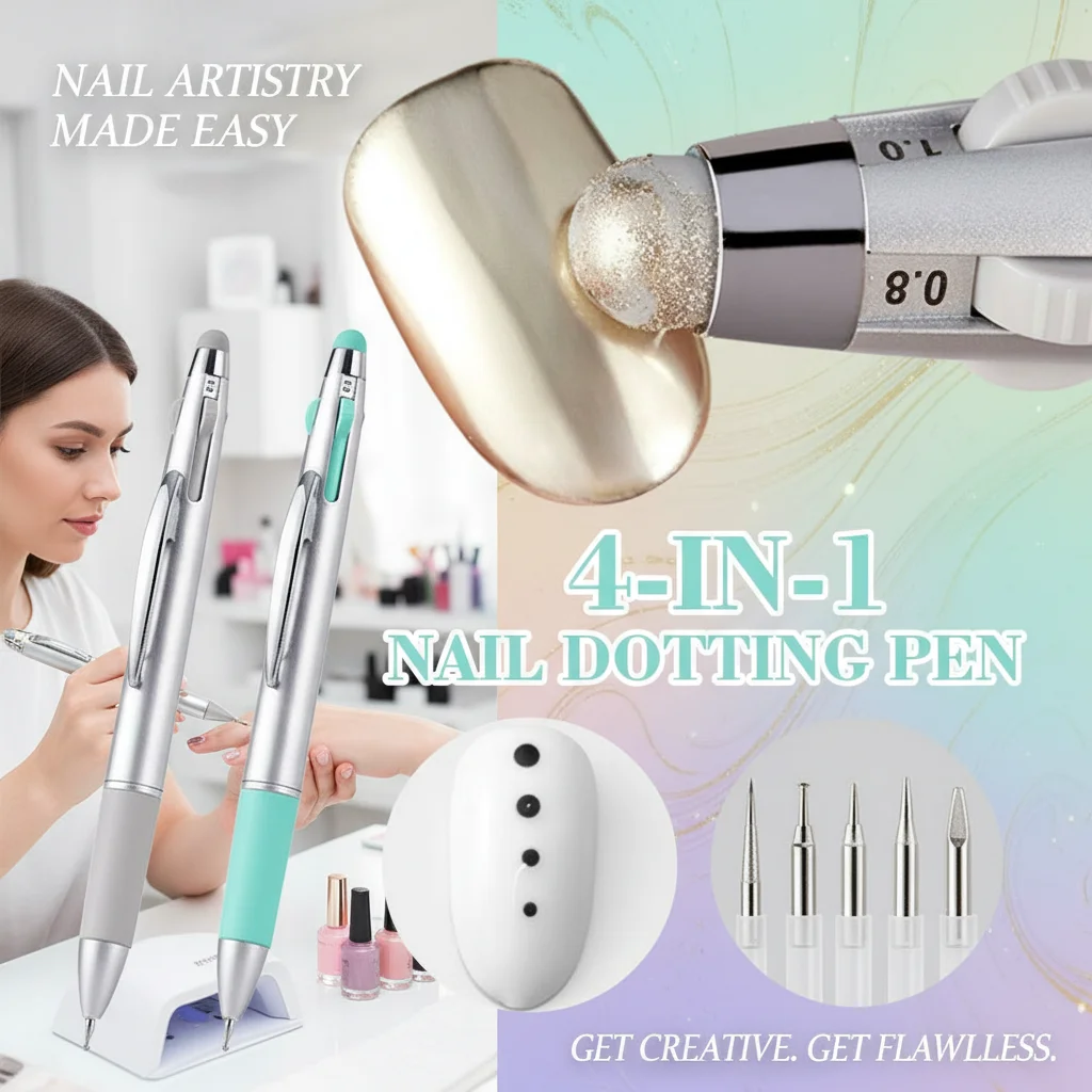

Four-in-One Nail Art Bead Pen Press Type Wave Dot Flower Hook Edge Multi-Head Dot Drill Tool for Professional Salons