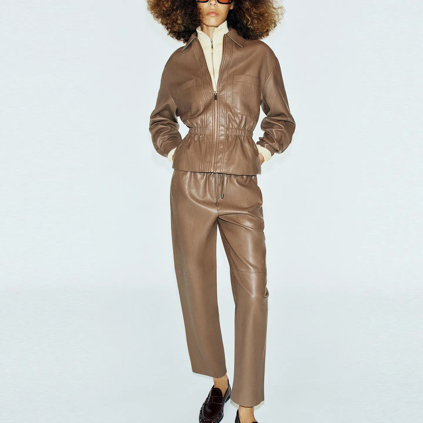 Women's Long Sleeve Collared Jacket Coat Elastic Waist Pants Two Piece Set Fashionable Workwear Chinese Brand Zadata