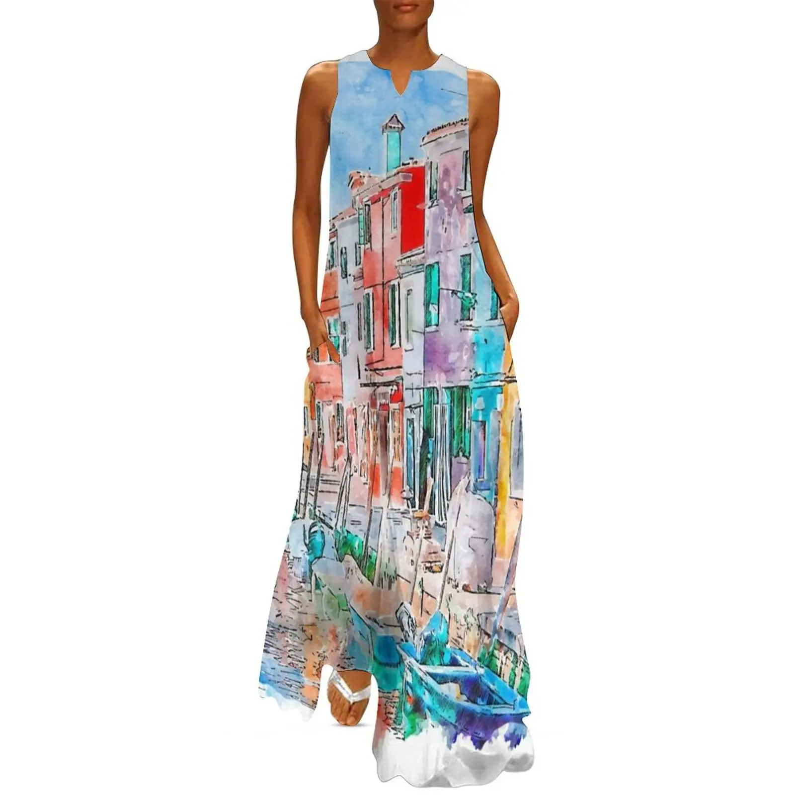 

Colorful Burano Island Italy Watercolor Long Dress womens clothing clothes prom clothes Dress