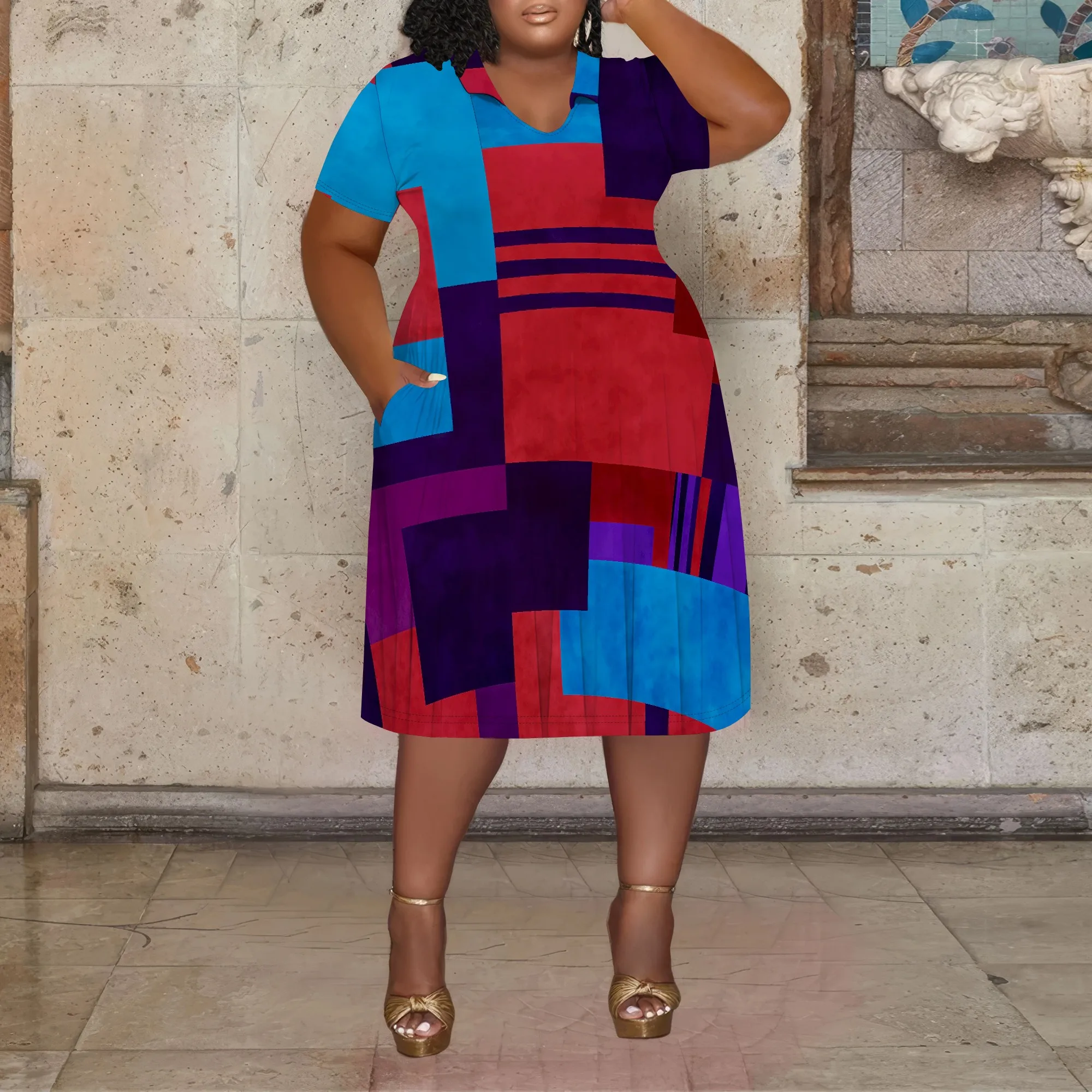 

Women Plus Size Midi Dress Casual V-Neck Short Sleeve Color Block Patchwork Dress with Pockets XL-6XL