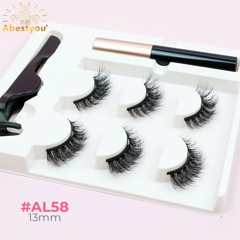 Abestyou Set of 5 Magnetic False Fluffy 5d Eyelashes & Eyeliner With Tweezer Kit Cat Eye Mink Lashes Box Packaging Magnetiques