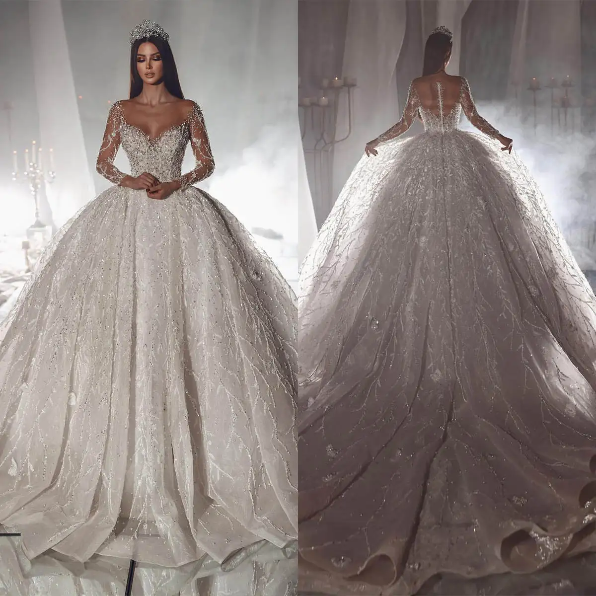 Luxury Ball Gown Wedding Dresses V-Neck Sequins Beads Long Sleeve Bridal Gowns Prom Dresses Vestido de novia Customized