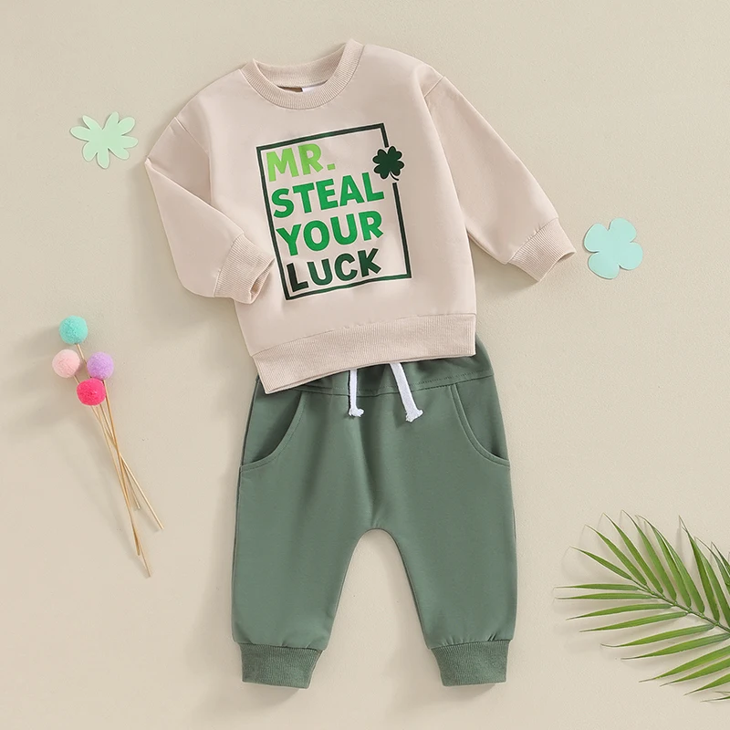 Toddler Boys Autumn Pants Sets Long Sleeve Four Leaf Clover Print Sweatshirt Green Casual Pants Sets