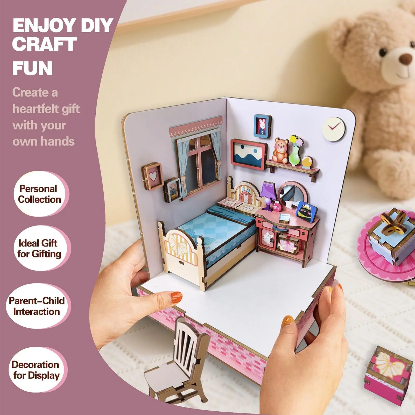 DIY Miniature House Kit 3D Bedroom Scene Wooden Puzzle Model Building Crafts for Kids Adults Teens Dollhouse Decor