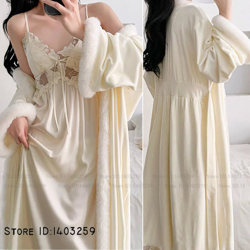 

Elegant Island Velvet Female Long Robe Nightgown Set Sexy Lace Satin Nightdress Chemise Sleepwear Loose Women Homewear Lingerie