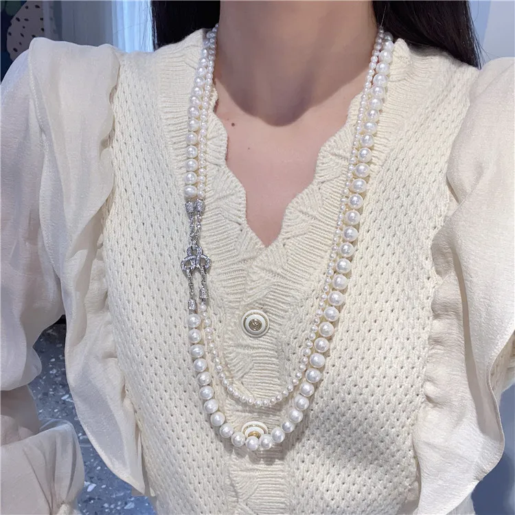 

25-28"2 Strands Cultured White Pearl CZ Silver Plated Clasp Connector Necklace